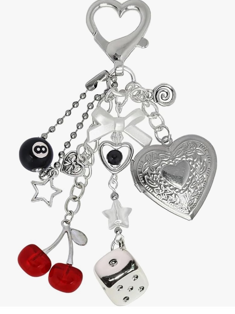Silver Heart locket,dice &cherries purse/bag Charm keychain